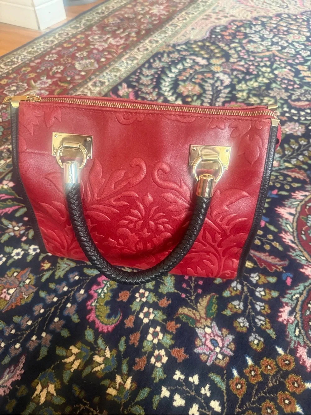 Red Embossed Floral Top-Handle Bag